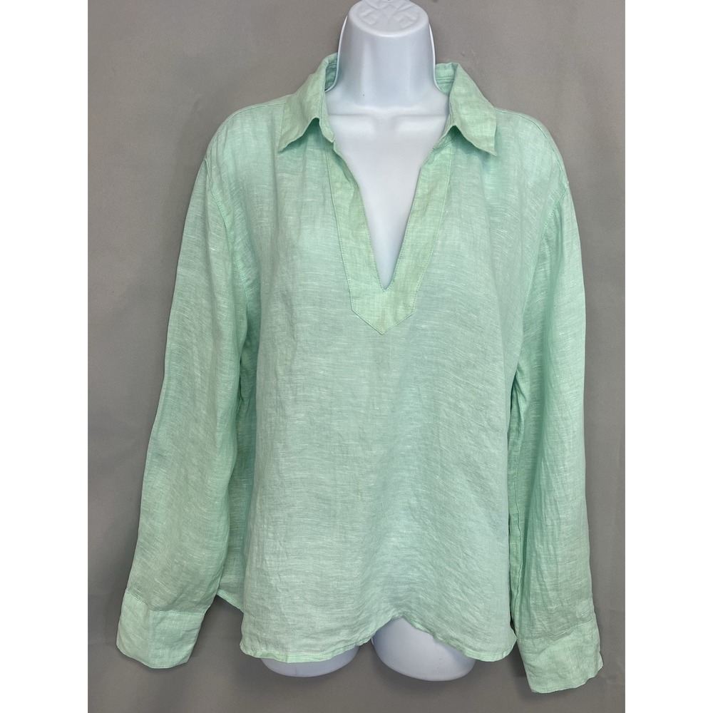 Calypso St. Barth Green 100% Linen V-Neck Tunic Top Large Coastal Luxury Natural